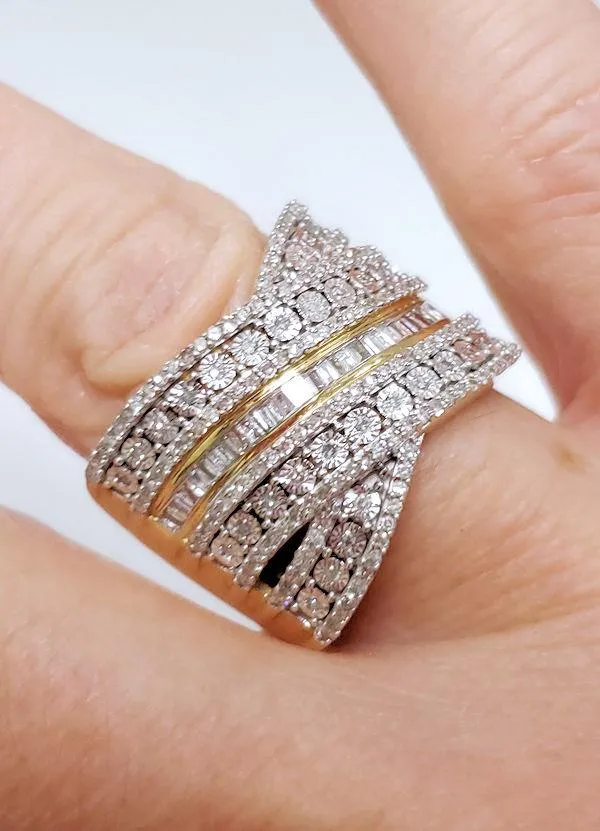 1.00ct T.W. Baguette & Round Diamond Multi Row CrissCross Ring In 10k Gold
