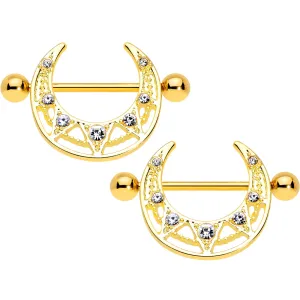 14 Gauge 5/8 Clear Gem Gold Tone Open Crescent Nipple Shield Set