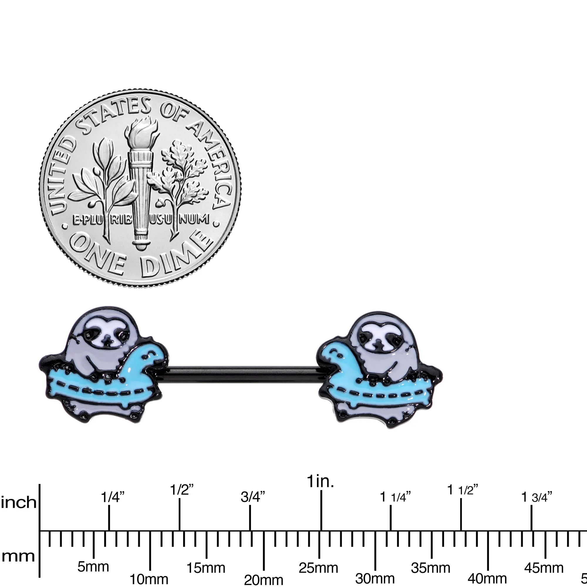 14 Gauge 9/16 Black Swimming Sloth Barbell Nipple Ring Set