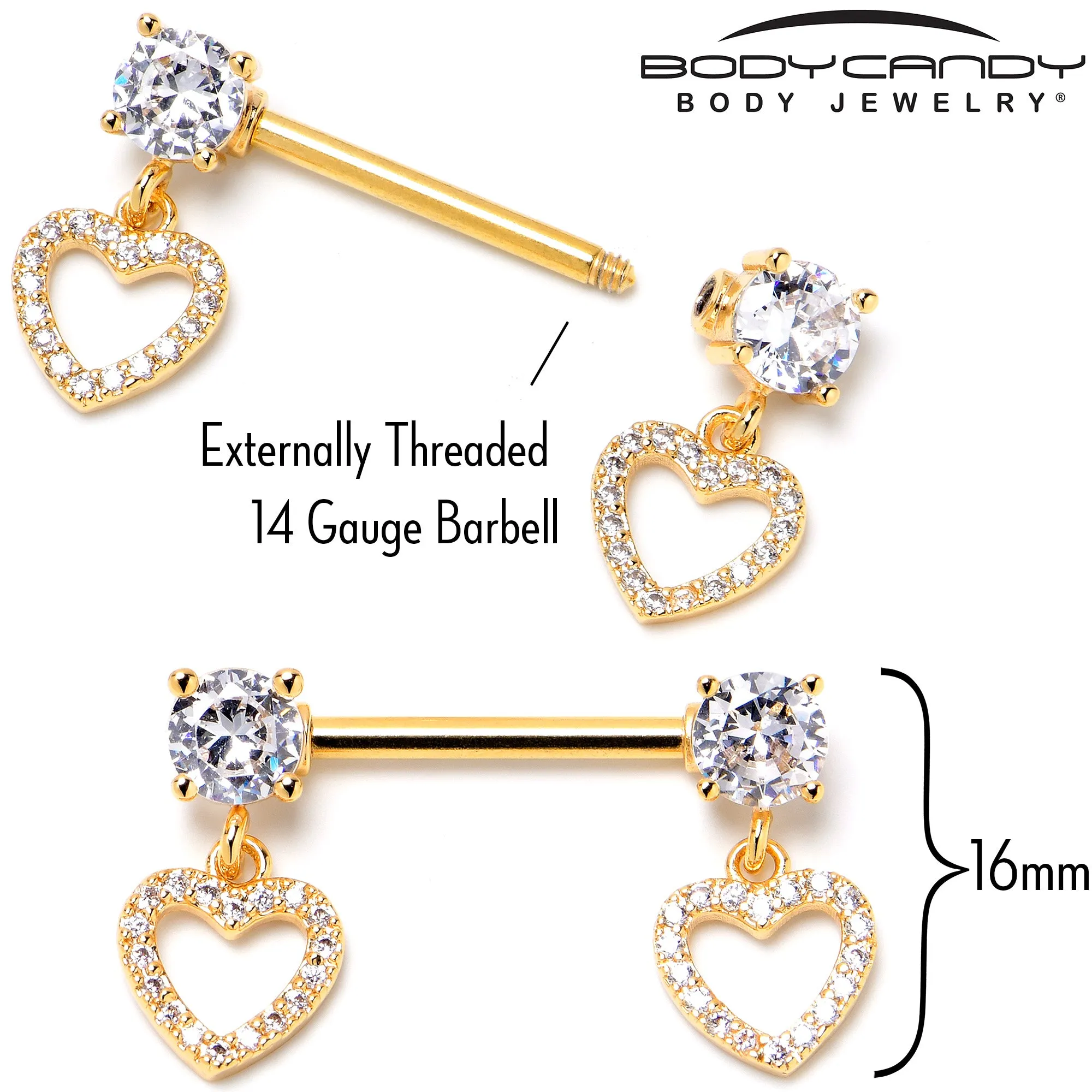14 Gauge 9/16 Clear CZ Gem Gold Tone Paved Heart Dangle Nipple Ring Set