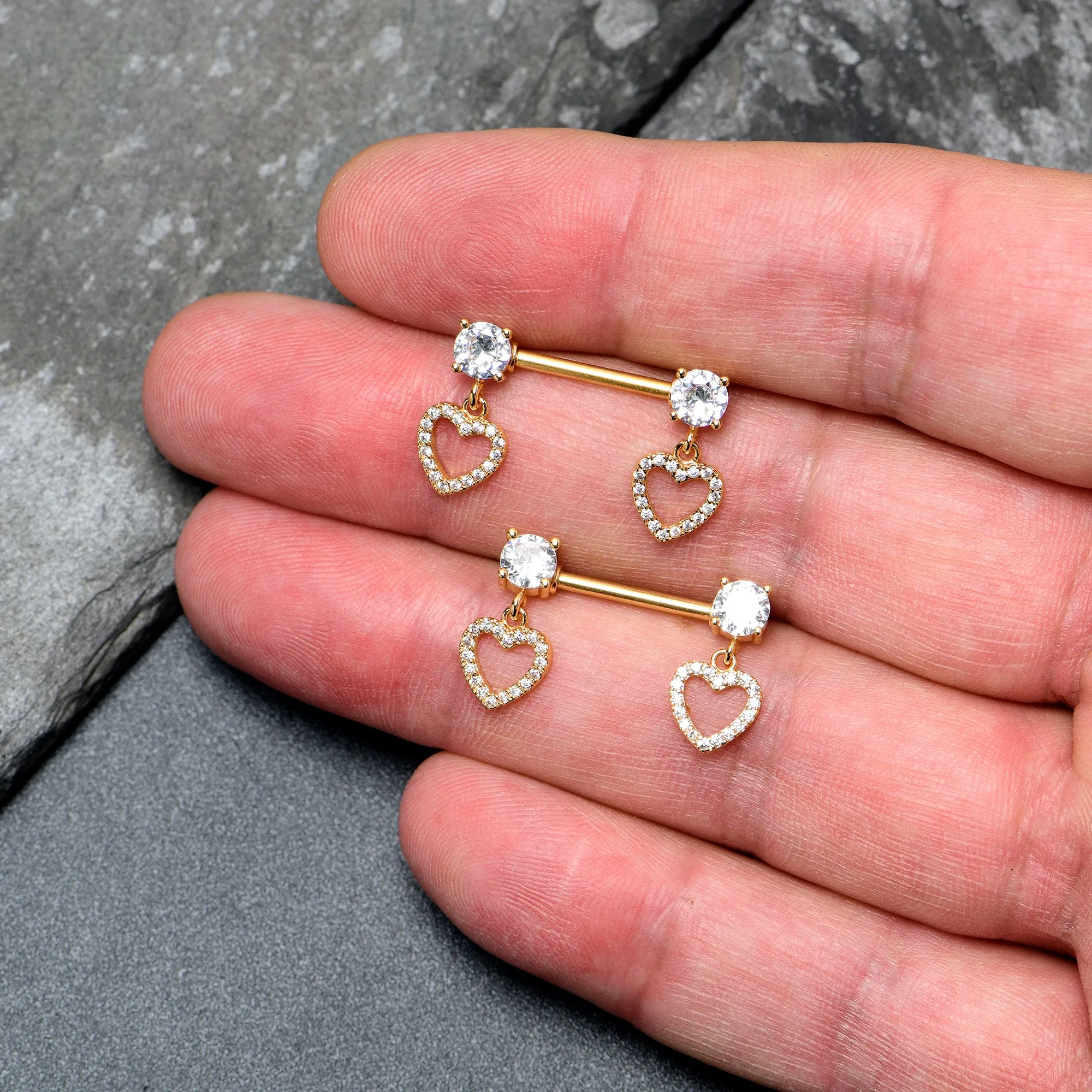 14 Gauge 9/16 Clear CZ Gem Gold Tone Paved Heart Dangle Nipple Ring Set