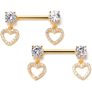 14 Gauge 9/16 Clear CZ Gem Gold Tone Paved Heart Dangle Nipple Ring Set