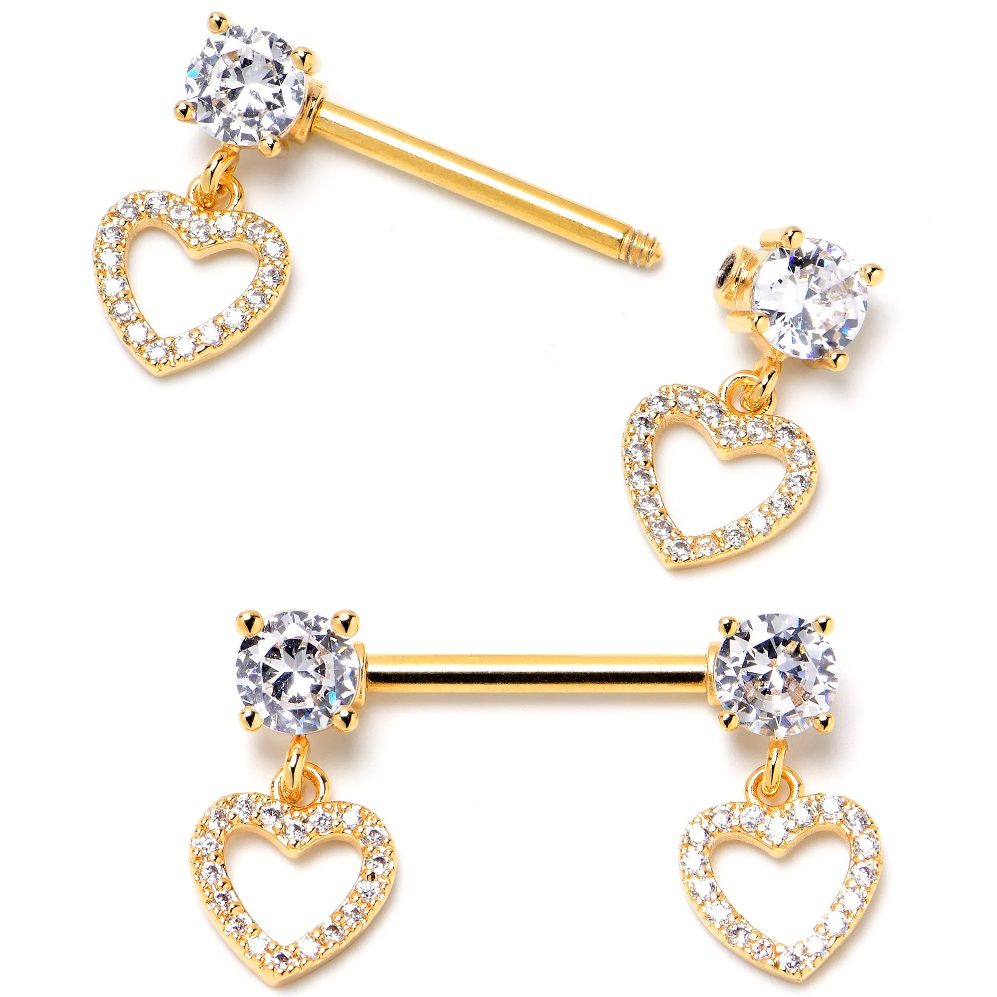 14 Gauge 9/16 Clear CZ Gem Gold Tone Paved Heart Dangle Nipple Ring Set