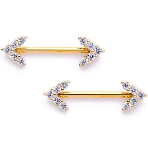 14 Gauge 9/16 Clear Gem Gold Tone Arrows Barbell Nipple Ring Set