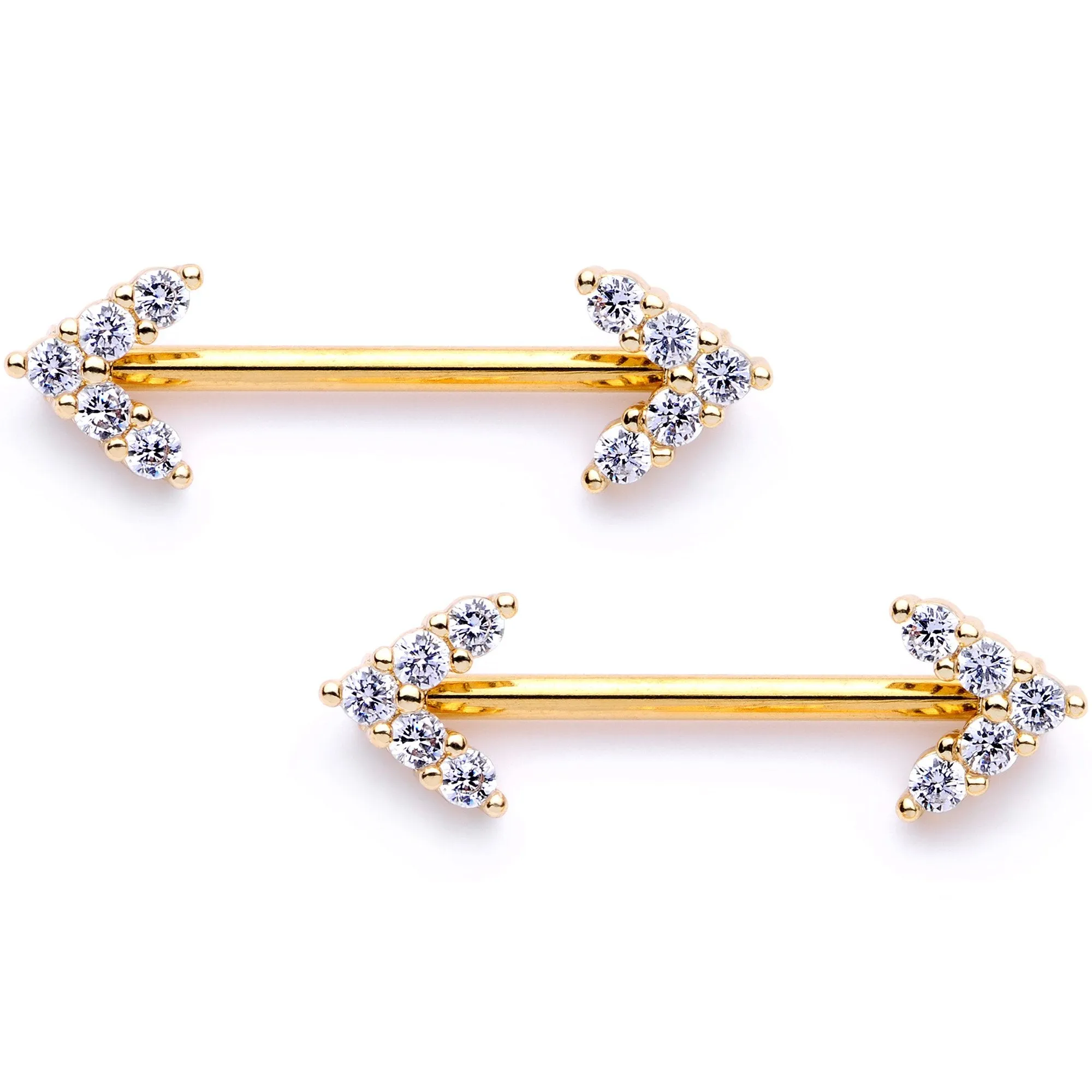 14 Gauge 9/16 Clear Gem Gold Tone Arrows Barbell Nipple Ring Set
