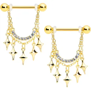 14 Gauge 9/16 Clear Gem Gold Tone Drama Dangle Nipple Ring Set