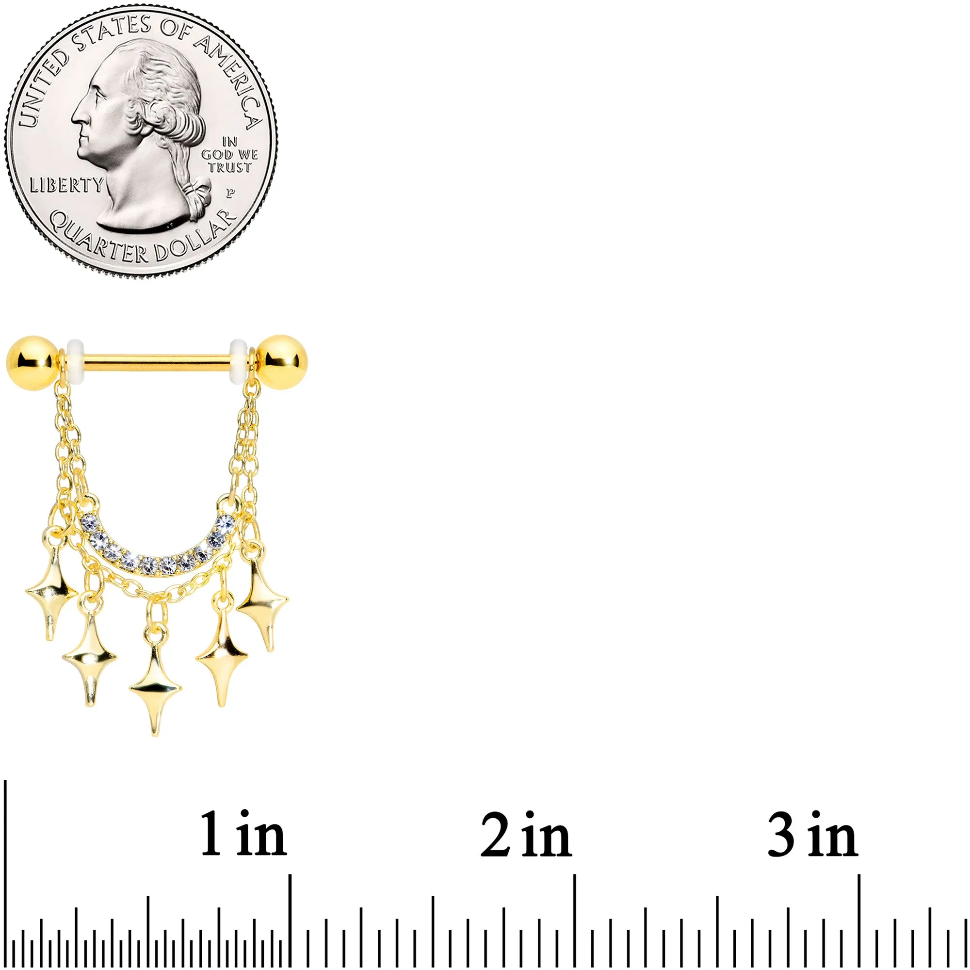 14 Gauge 9/16 Clear Gem Gold Tone Drama Dangle Nipple Ring Set