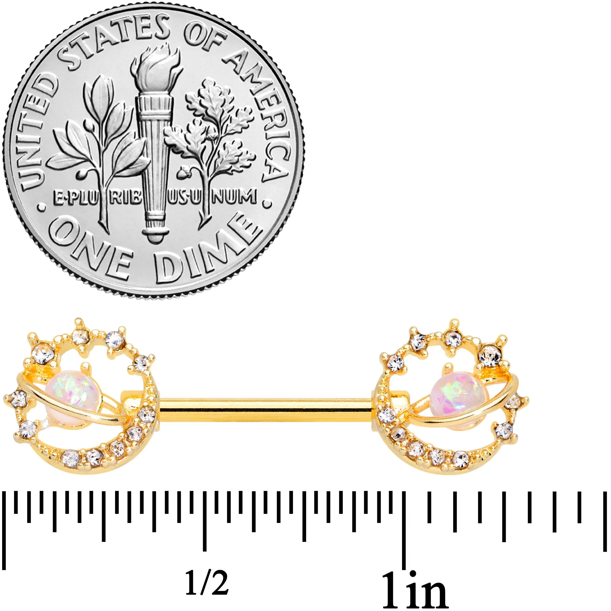 14 Gauge 9/16 Clear Gem Gold Tone Saturn Moon Barbell Nipple Ring Set