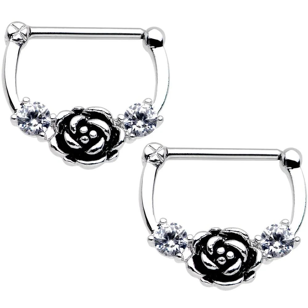 14 Gauge 9/16 Clear Gem Kissed Rose Flower Nipple Clicker Set