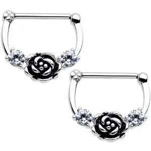 14 Gauge 9/16 Clear Gem Kissed Rose Flower Nipple Clicker Set