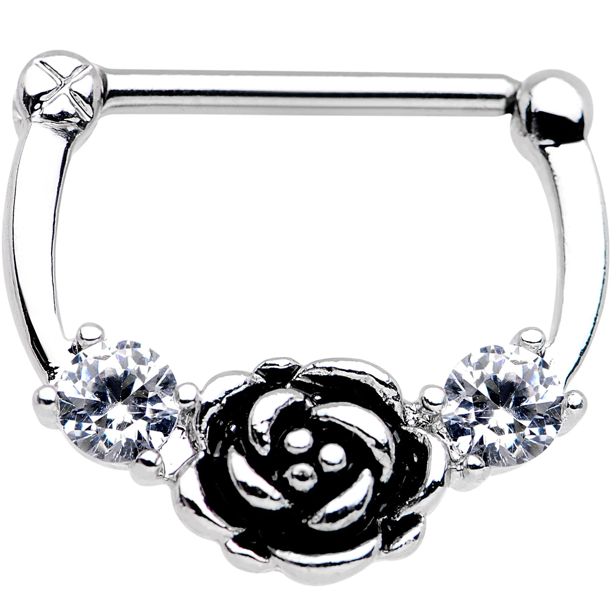 14 Gauge 9/16 Clear Gem Kissed Rose Flower Nipple Clicker Set