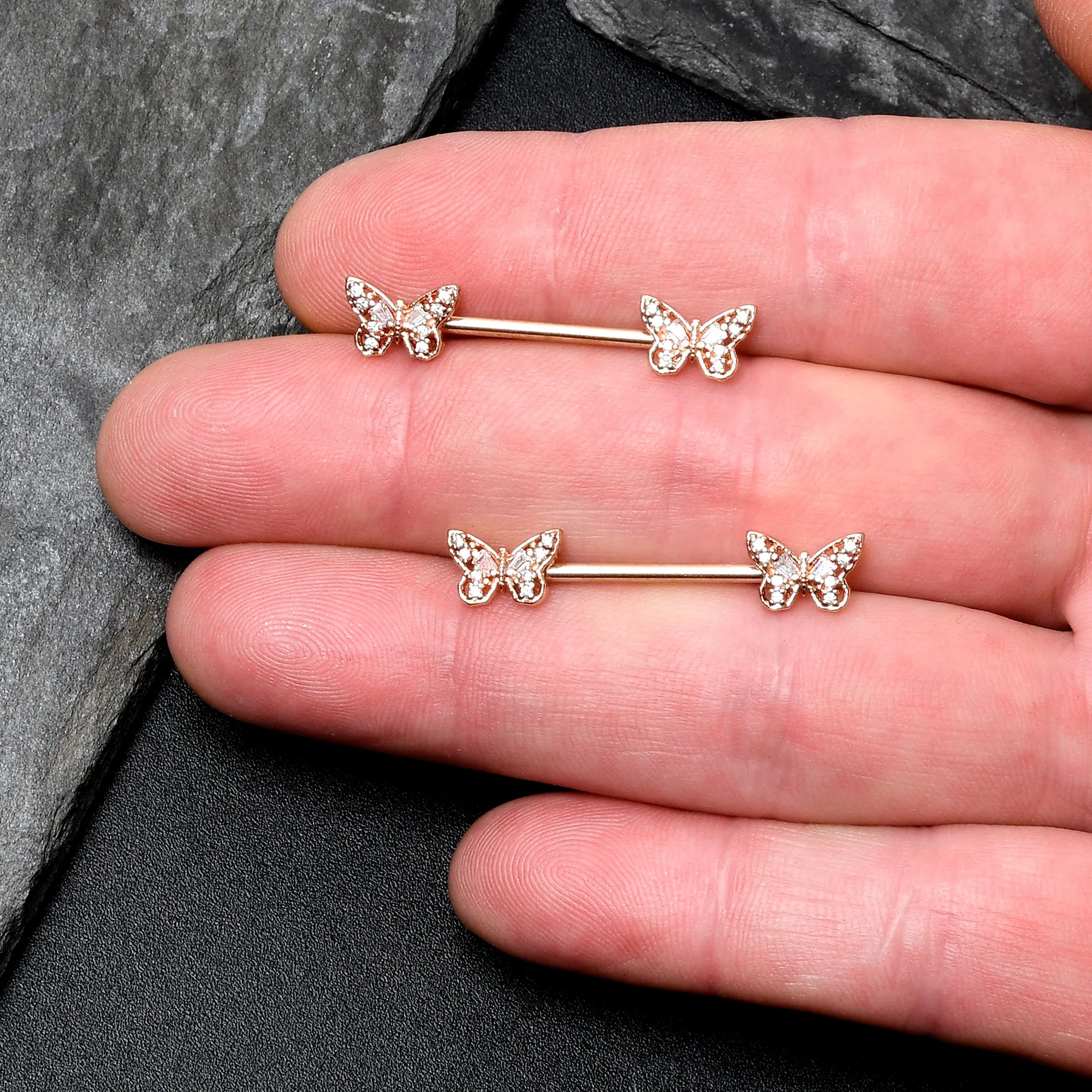 14 Gauge 9/16 Clear Gem Rosy Tone Baroque Butterfly Nipple Ring Set