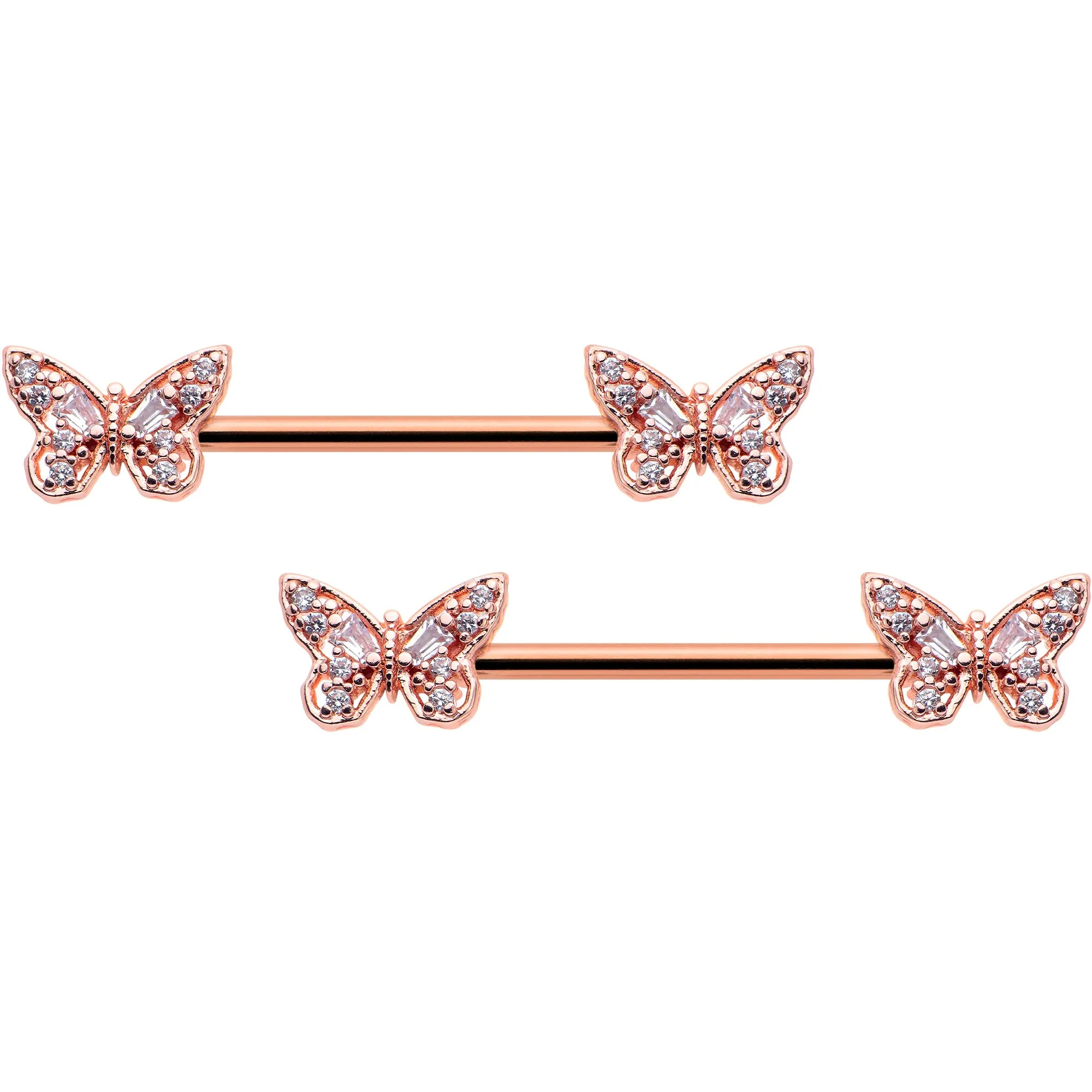 14 Gauge 9/16 Clear Gem Rosy Tone Baroque Butterfly Nipple Ring Set