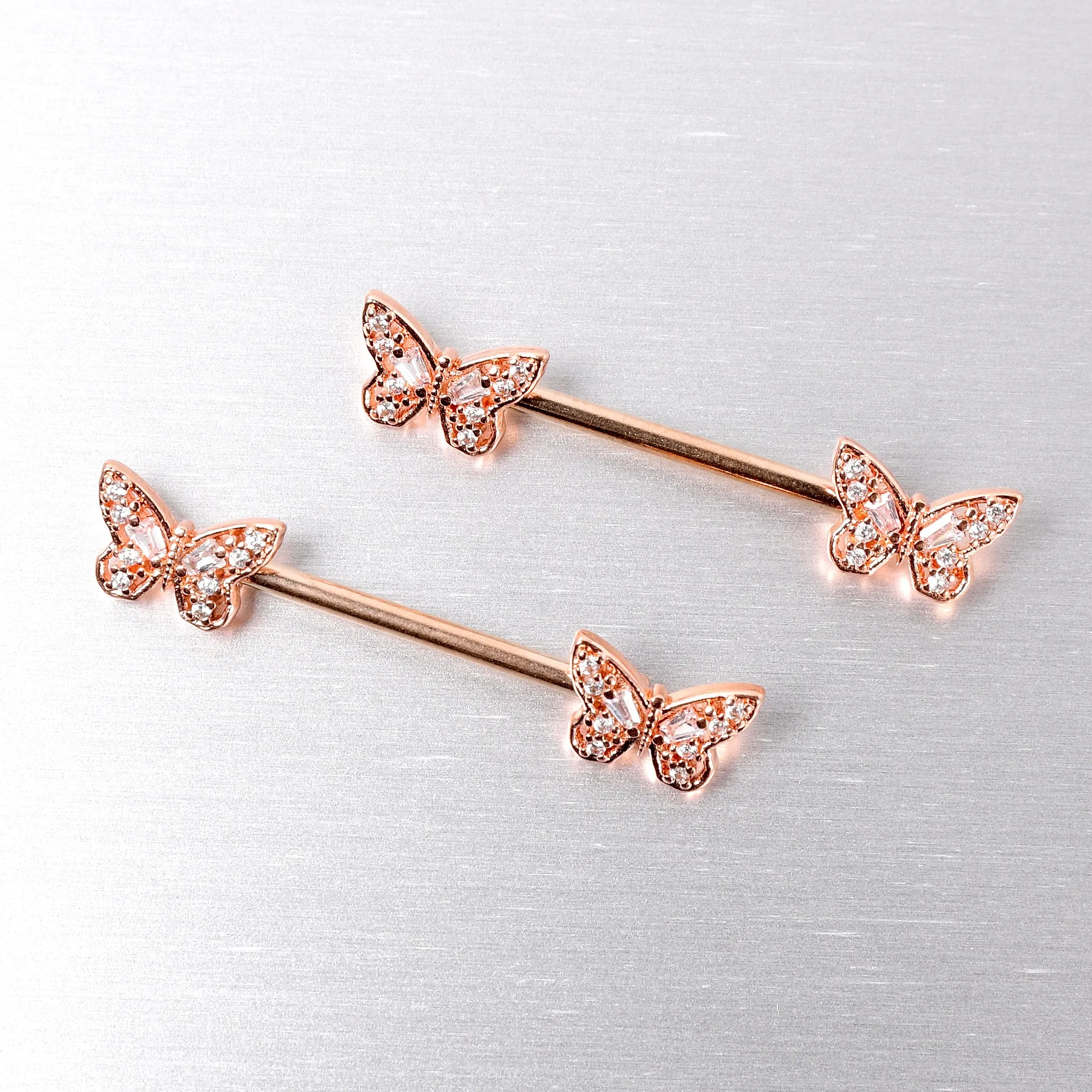 14 Gauge 9/16 Clear Gem Rosy Tone Baroque Butterfly Nipple Ring Set