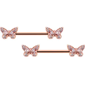 14 Gauge 9/16 Clear Gem Rosy Tone Baroque Butterfly Nipple Ring Set