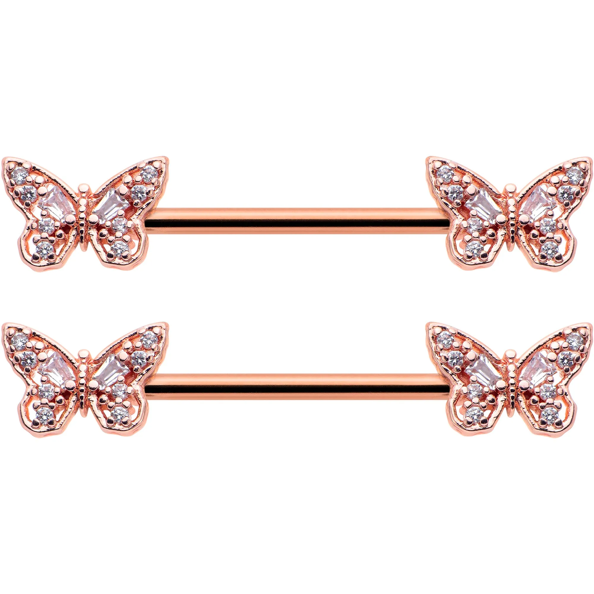 14 Gauge 9/16 Clear Gem Rosy Tone Baroque Butterfly Nipple Ring Set