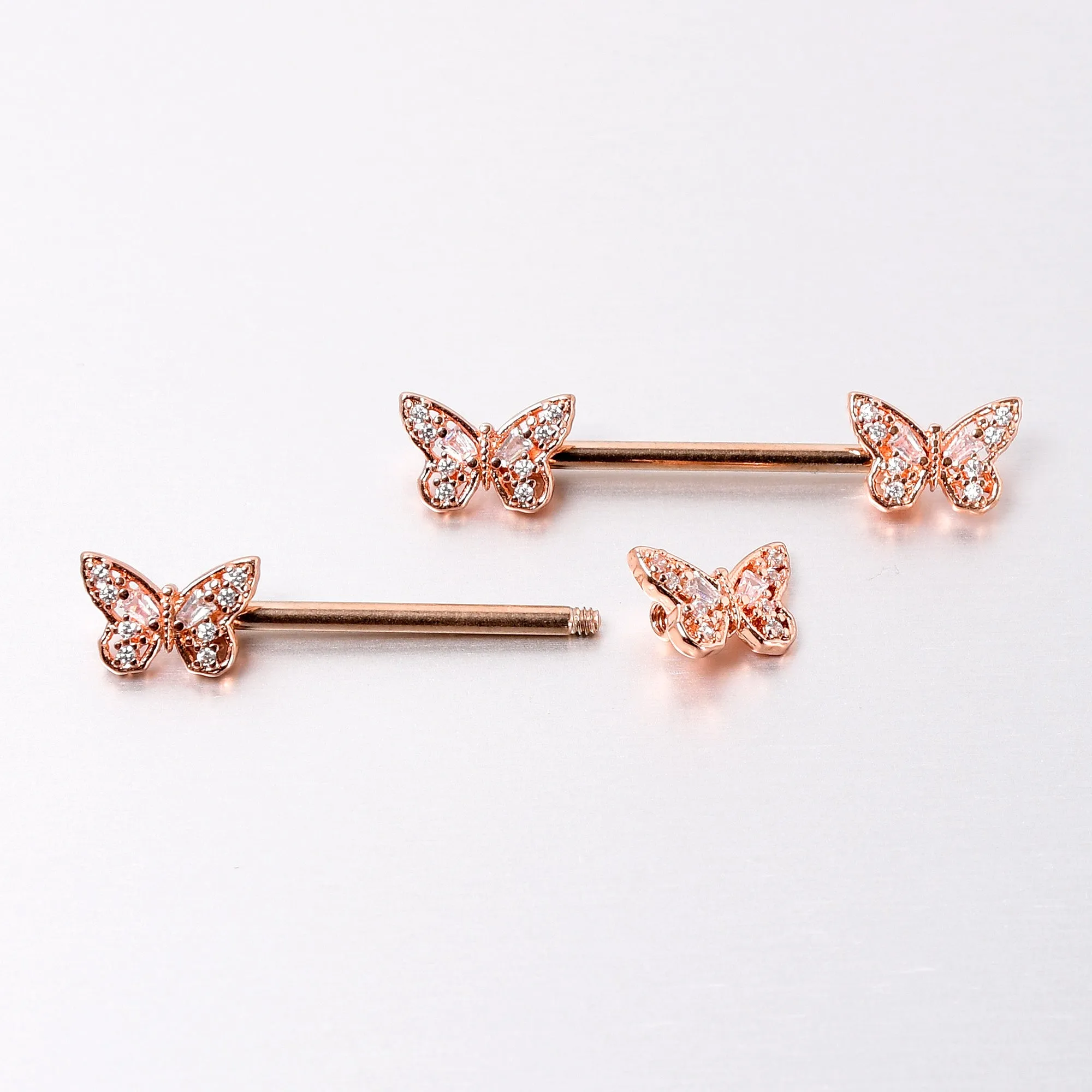 14 Gauge 9/16 Clear Gem Rosy Tone Baroque Butterfly Nipple Ring Set