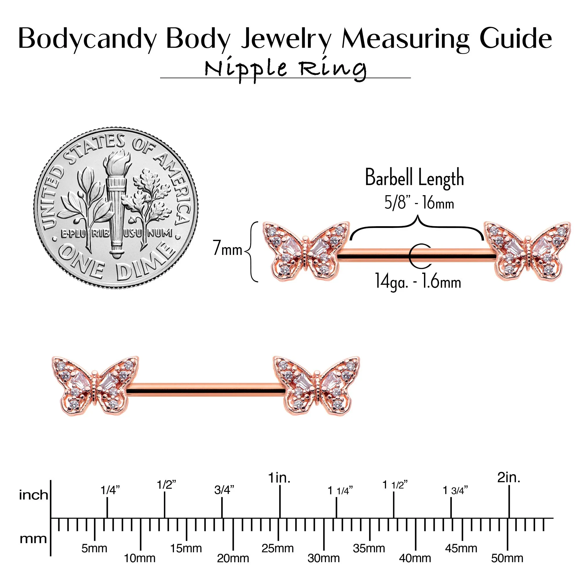 14 Gauge 9/16 Clear Gem Rosy Tone Baroque Butterfly Nipple Ring Set