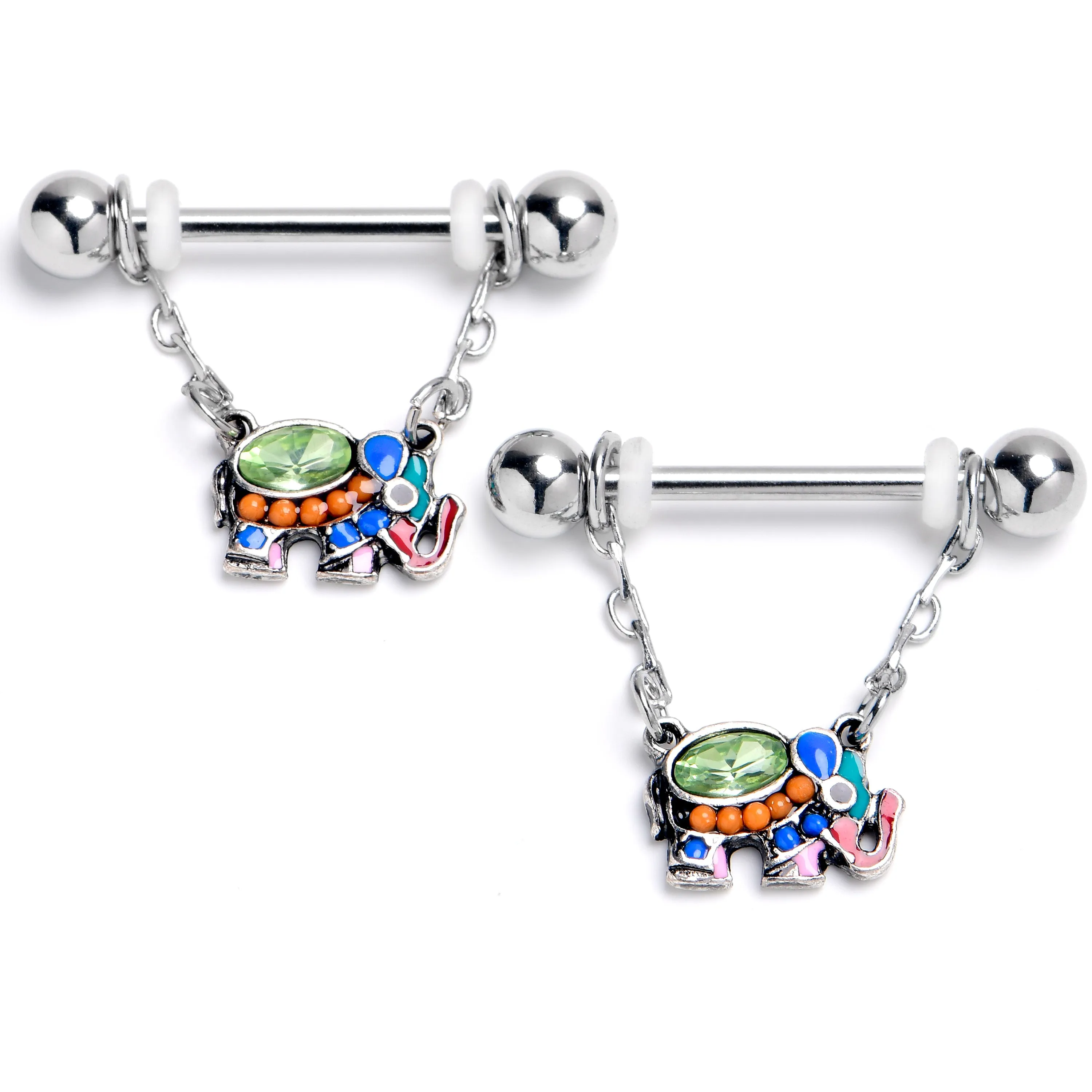 14 Gauge 9/16 Green Gem Colorful Elephant Dangle Nipple Ring Set