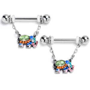 14 Gauge 9/16 Green Gem Colorful Elephant Dangle Nipple Ring Set