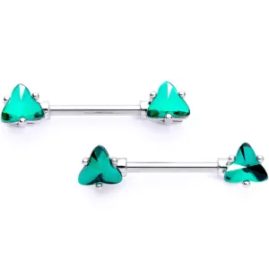 14 Gauge 9/16 Green Gem Geometric Triangles Barbell Nipple Ring Set