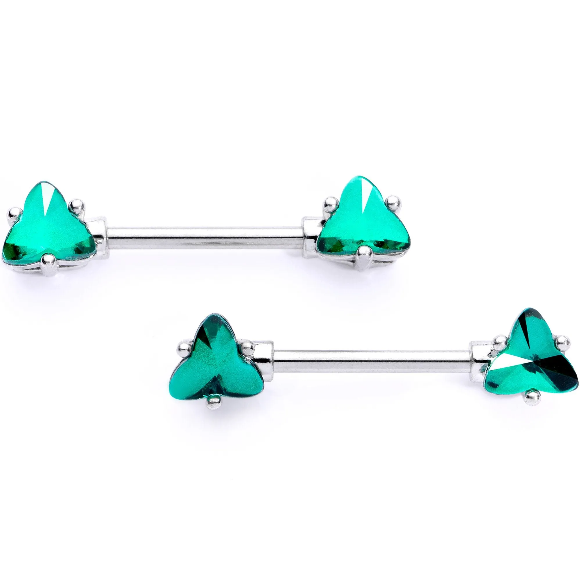 14 Gauge 9/16 Green Gem Geometric Triangles Barbell Nipple Ring Set