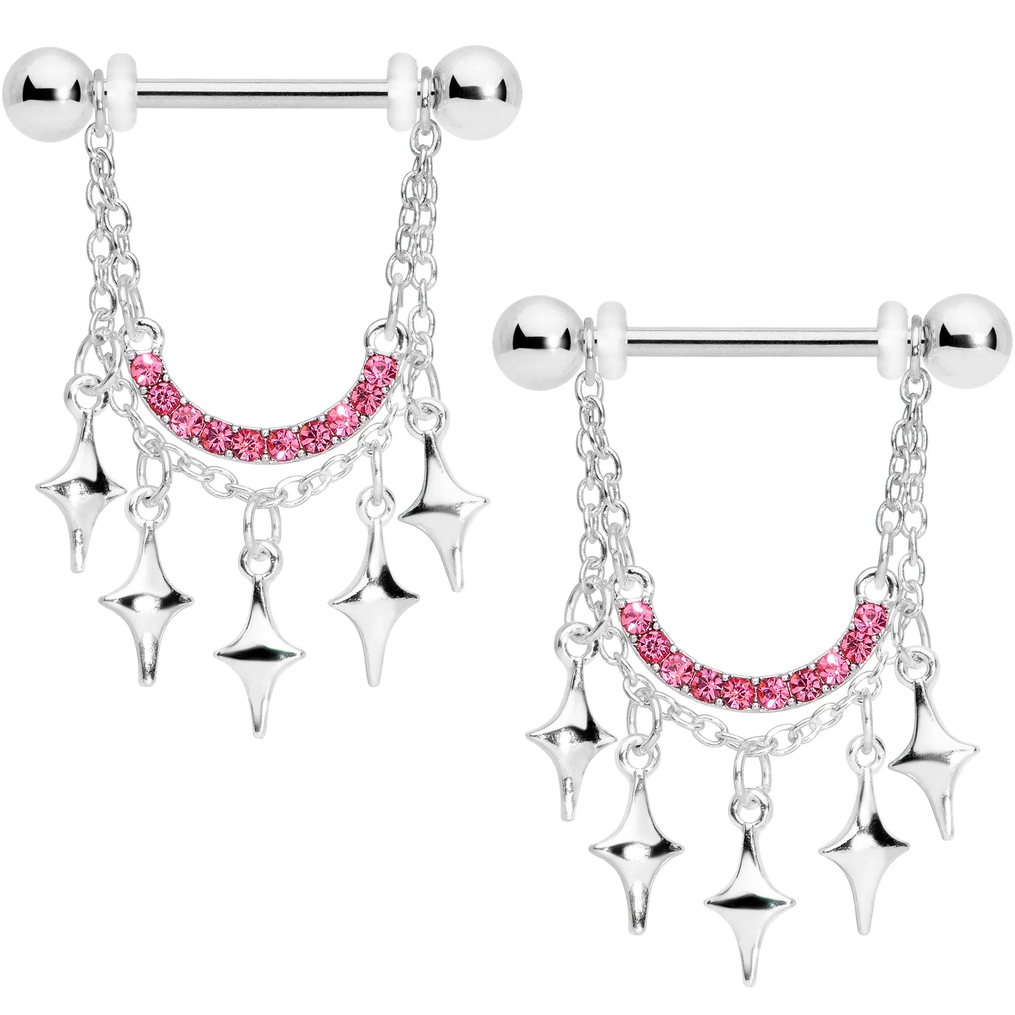 14 Gauge 9/16 Pink Gem Drama Dangle Nipple Ring Set