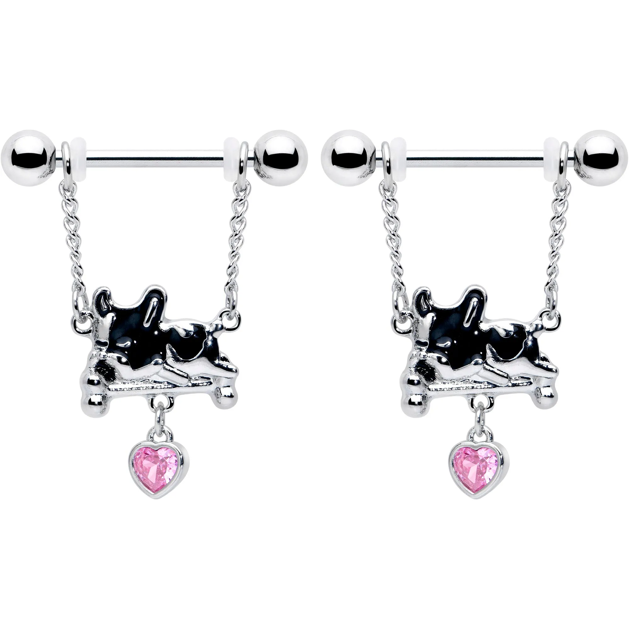 14 Gauge 9/16 Pink Gem Sleepy French Bulldog Chain Dangle Nipple Ring Set