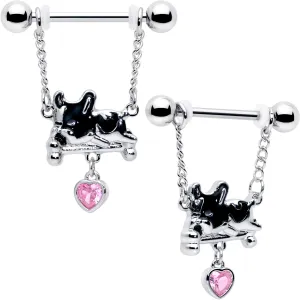 14 Gauge 9/16 Pink Gem Sleepy French Bulldog Chain Dangle Nipple Ring Set
