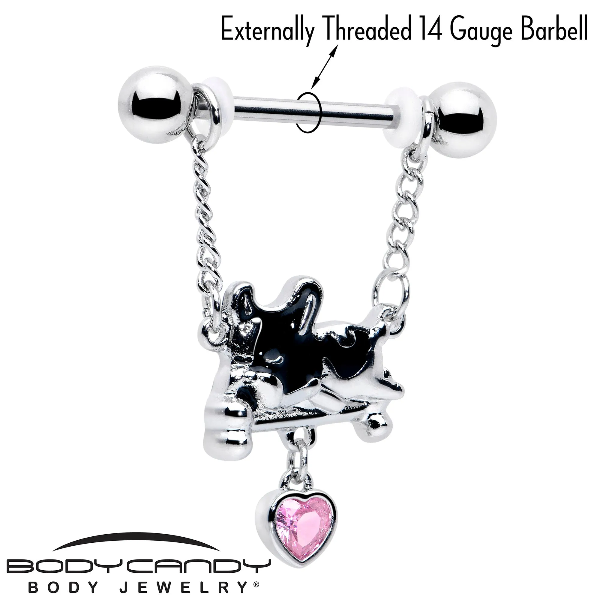 14 Gauge 9/16 Pink Gem Sleepy French Bulldog Chain Dangle Nipple Ring Set