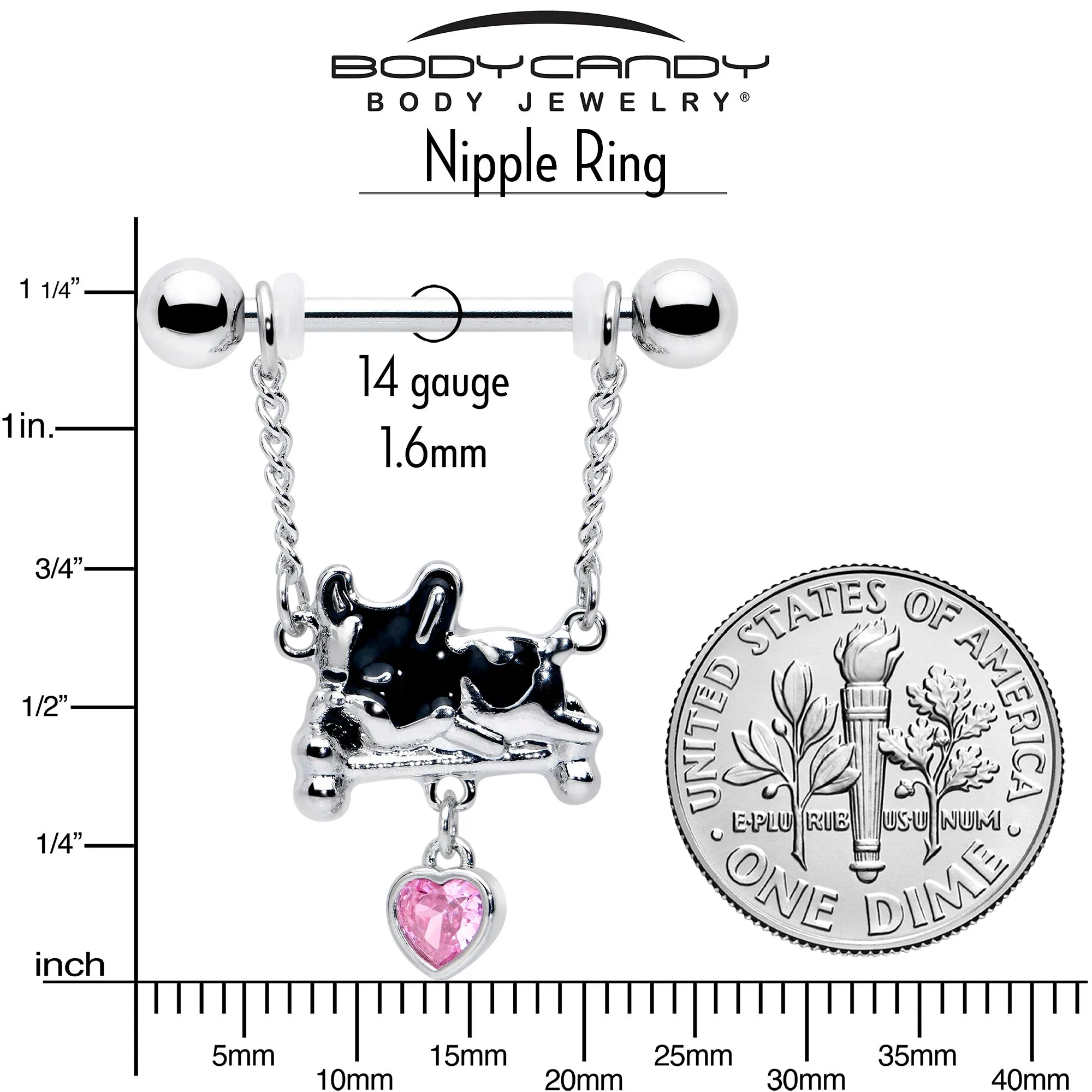 14 Gauge 9/16 Pink Gem Sleepy French Bulldog Chain Dangle Nipple Ring Set