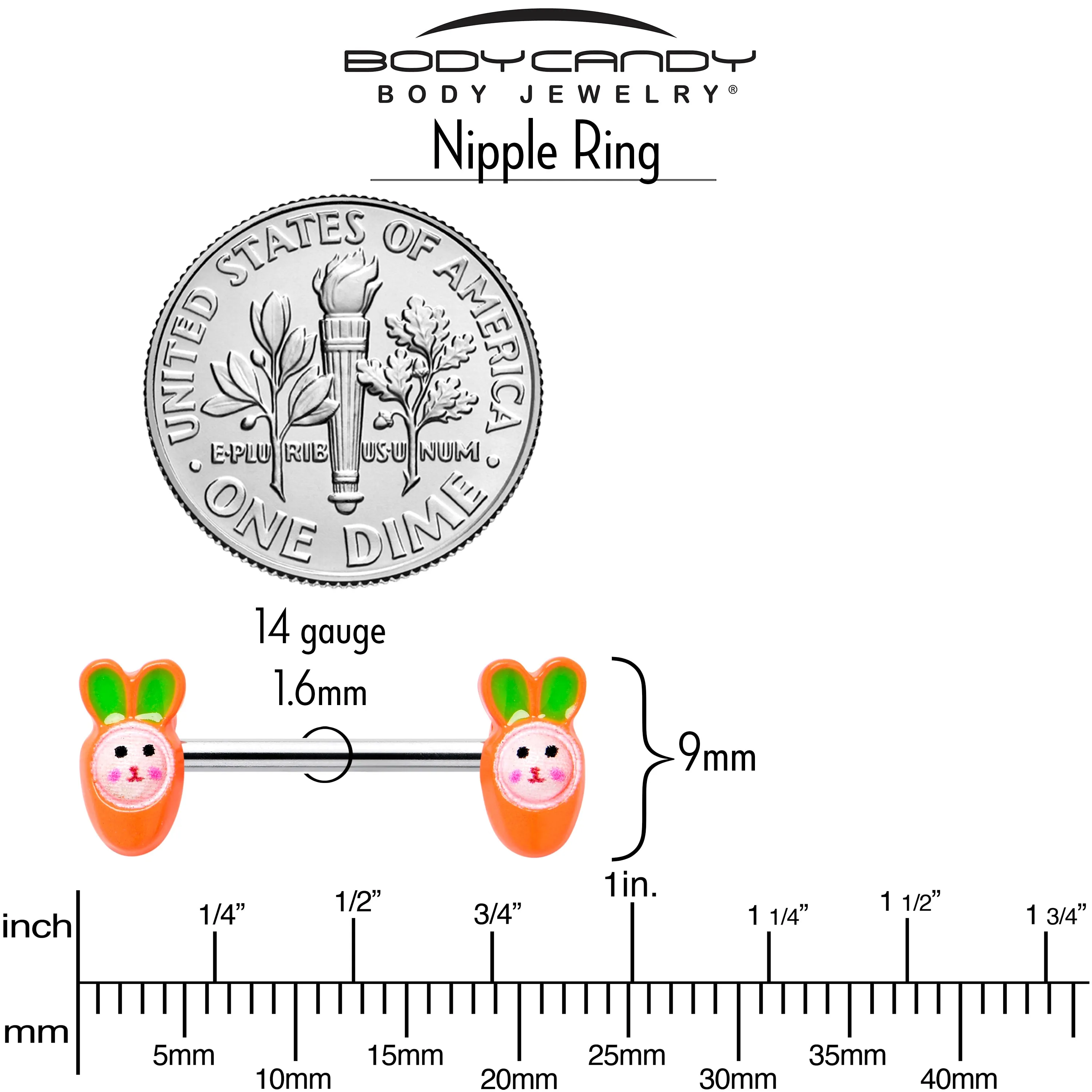 14 Gauge 9/16 Surprise Carrot Easter Bunny Barbell Nipple Ring Set