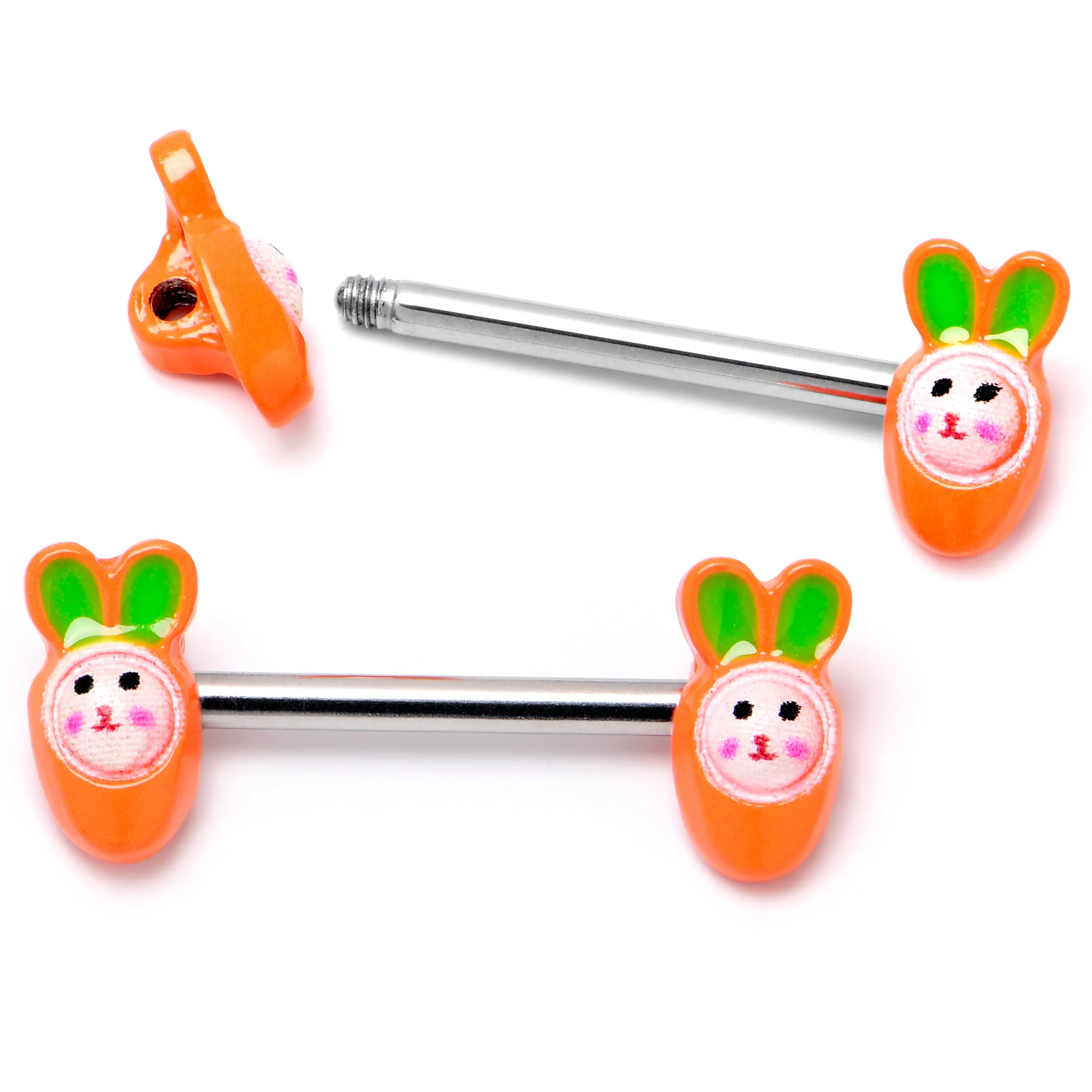 14 Gauge 9/16 Surprise Carrot Easter Bunny Barbell Nipple Ring Set