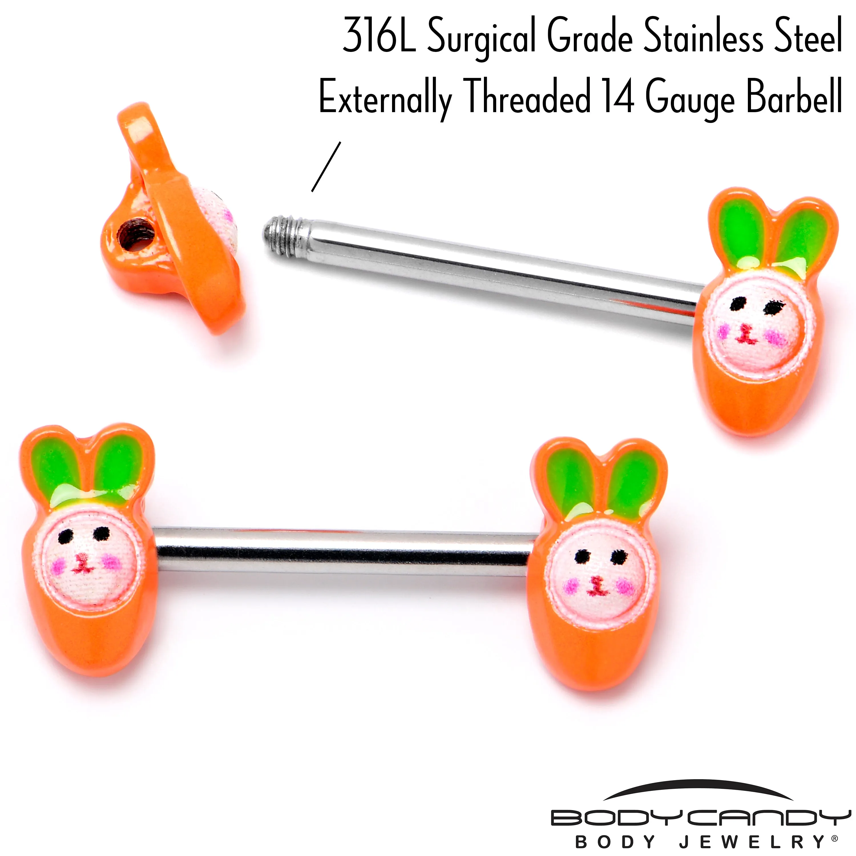 14 Gauge 9/16 Surprise Carrot Easter Bunny Barbell Nipple Ring Set