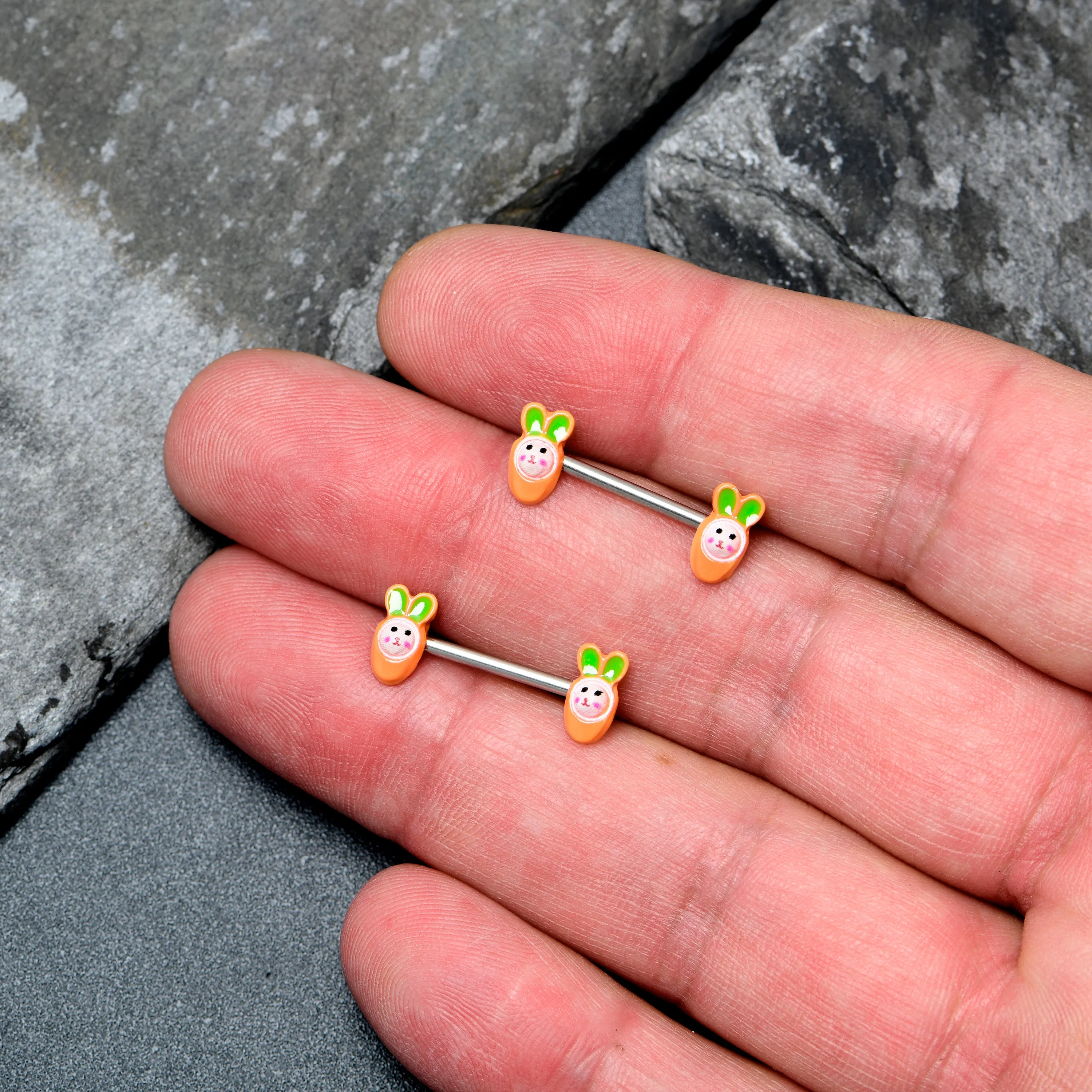 14 Gauge 9/16 Surprise Carrot Easter Bunny Barbell Nipple Ring Set