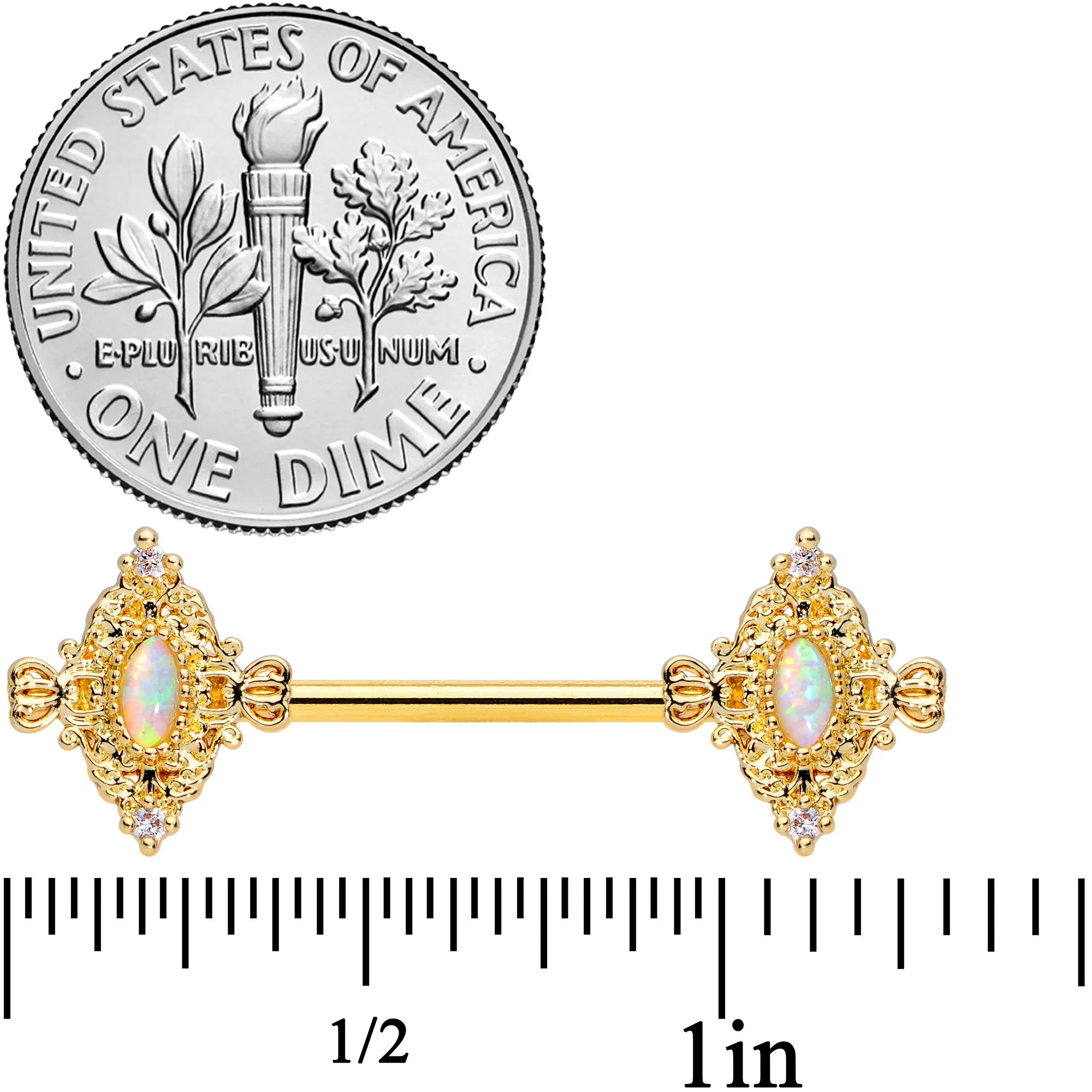 14 Gauge 9/16 White Synthetic Opal Gold Tone Barbell Nipple Ring Set