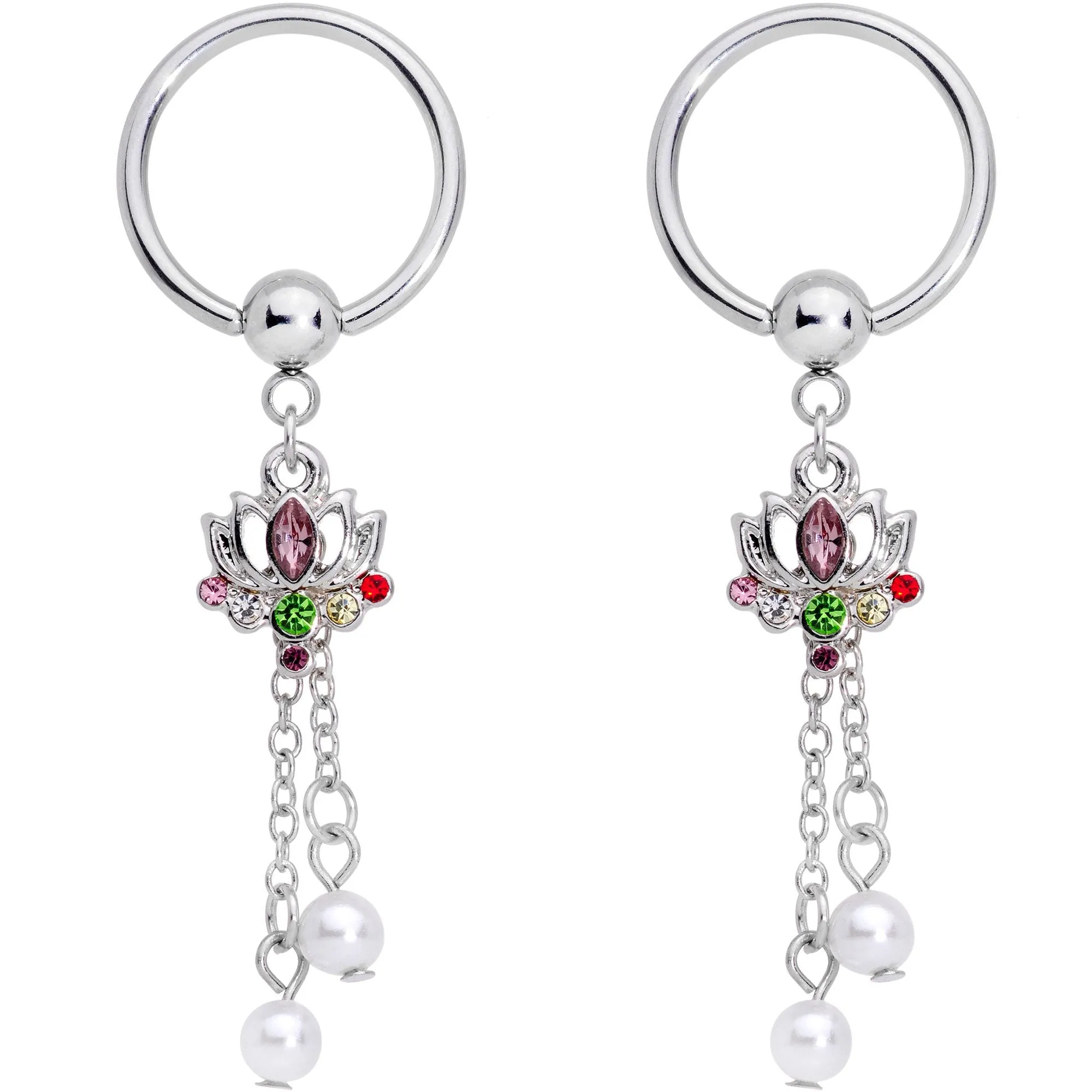 14 Gauge Clear CZ Gem Lotus Flower Queen Captive Ring Barbell Nipple Ring Set