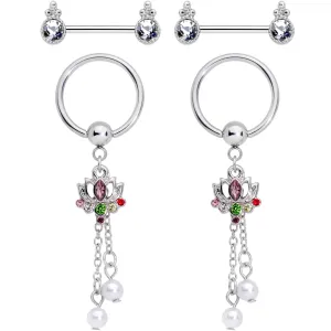 14 Gauge Clear CZ Gem Lotus Flower Queen Captive Ring Barbell Nipple Ring Set