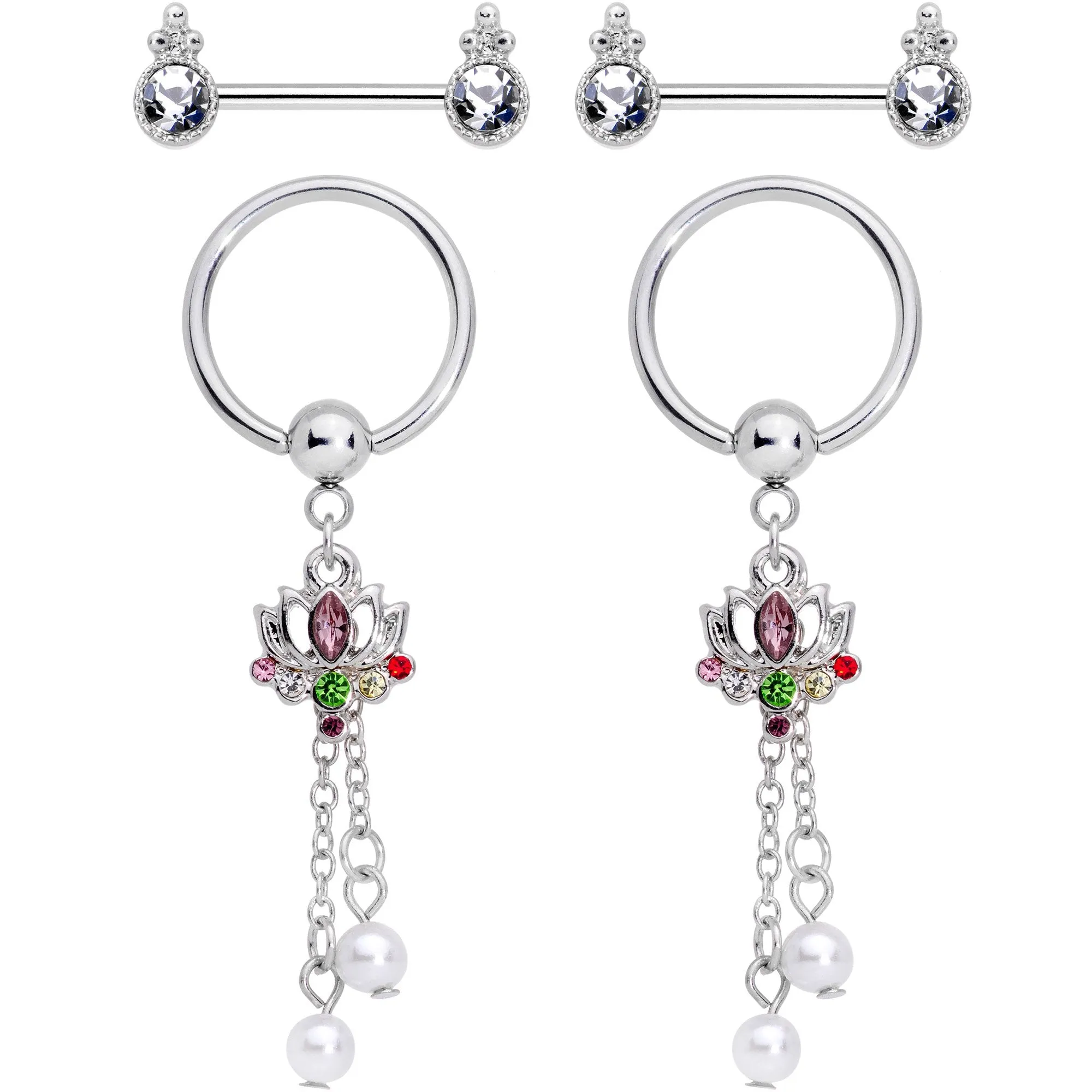 14 Gauge Clear CZ Gem Lotus Flower Queen Captive Ring Barbell Nipple Ring Set