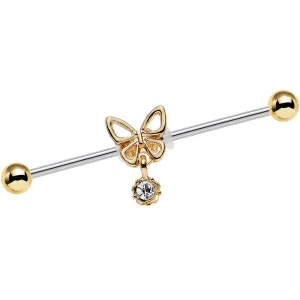 14 Gauge Clear Gem Ornate Butterfly Industrial Barbell 38mm