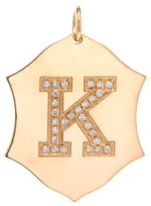 14k  Pavé Diamond Initial Large Ornate Shield Charm Pendant