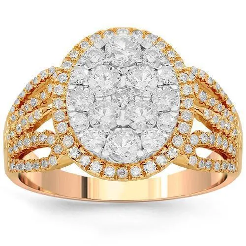 14K Solid Rose Gold Womens Diamond Cocktail Ring 1.35 Ctw