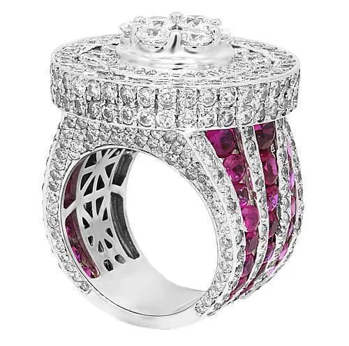 14K White Solid Gold Mens Custom Diamond Ruby Ring 14.38 Ctw