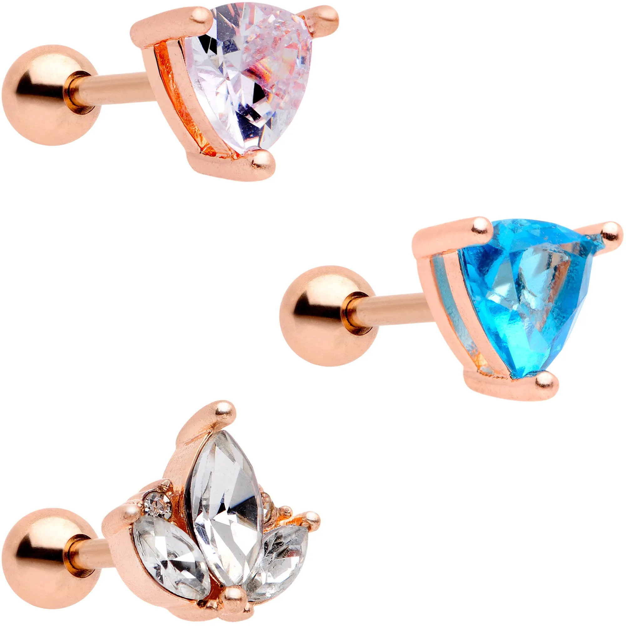 16 Gauge 1/4 Blue CZ Gem Rose Gold Tone Cartilage Tragus Set of 3