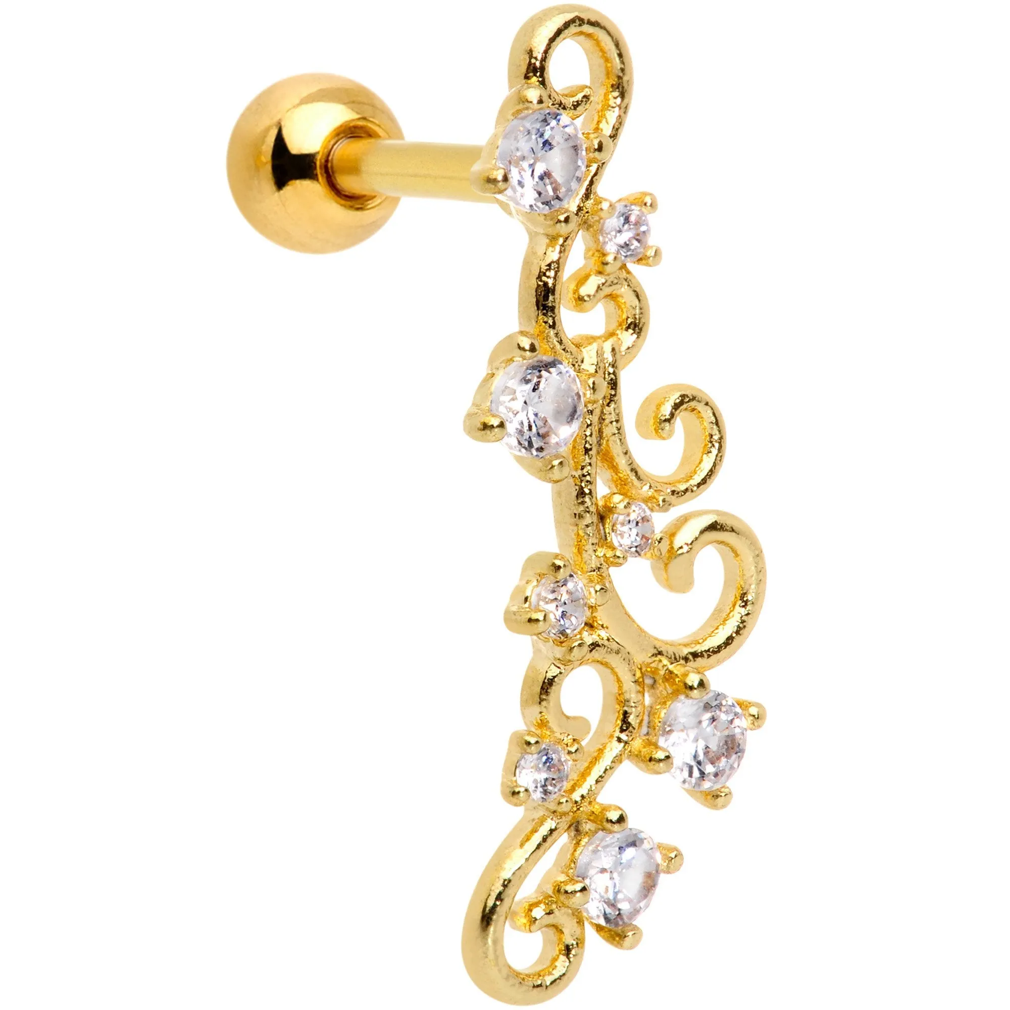 16 Gauge 1/4 Clear CZ Gem Gold Hue Cascade Left Ear Cartilage Earring