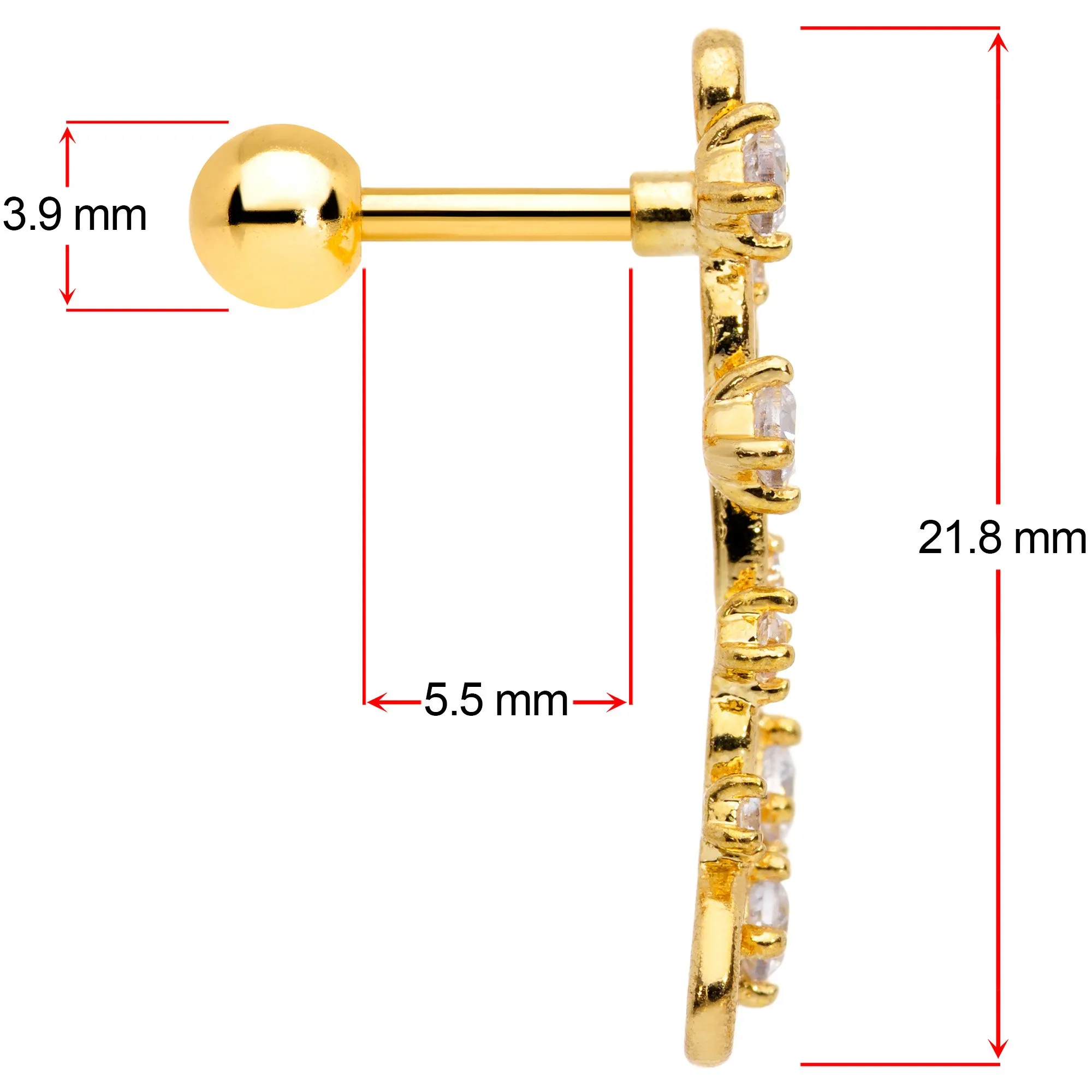 16 Gauge 1/4 Clear CZ Gem Gold Hue Cascade Left Ear Cartilage Earring