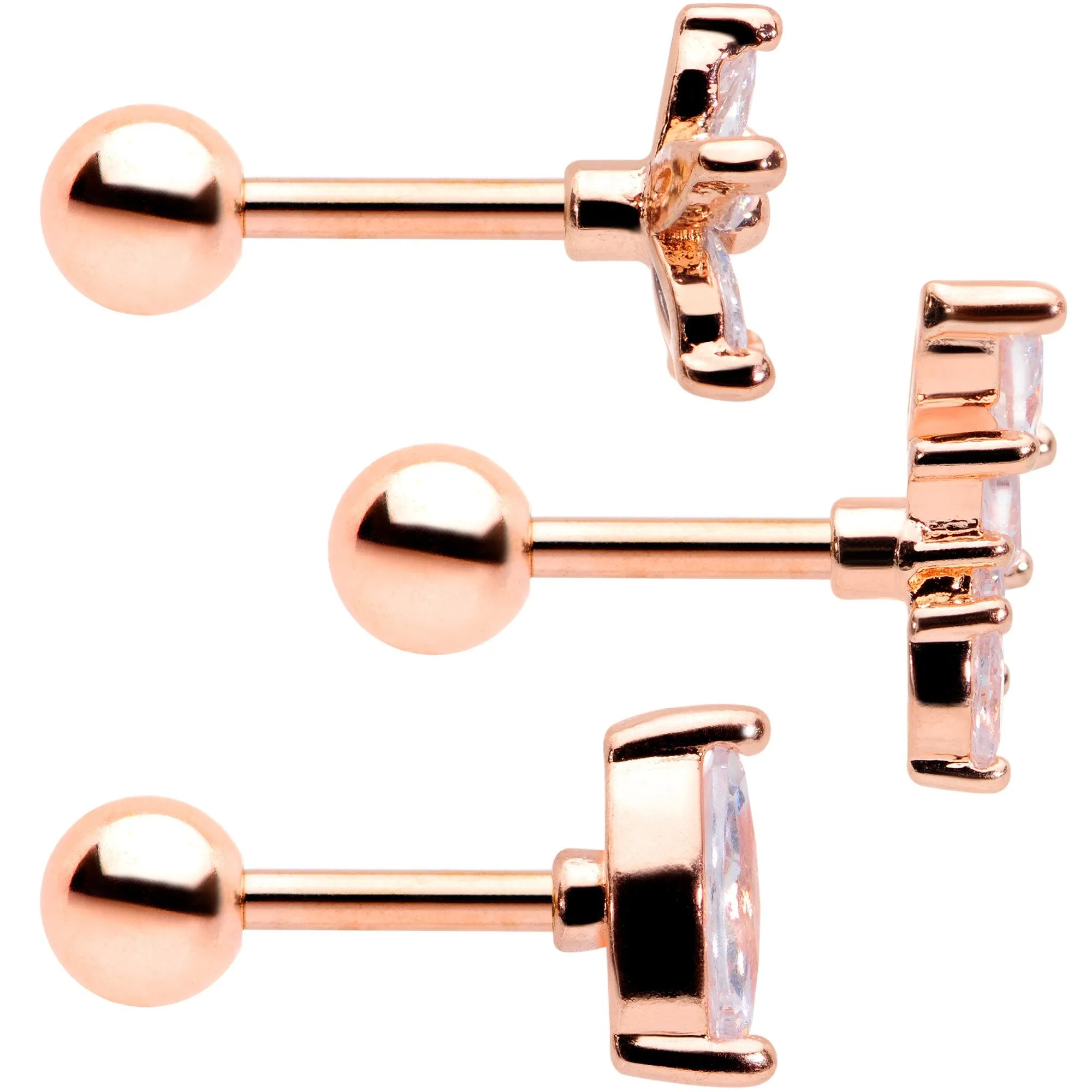 16 Gauge 1/4 Clear CZ Gem Rose Gold Tone Geometric Tragus Set of 3