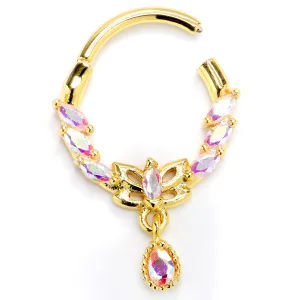 16 Gauge 3/8 Aurora CZ Gem Gold Tone Butterfly Wow Hinged Segment Ring