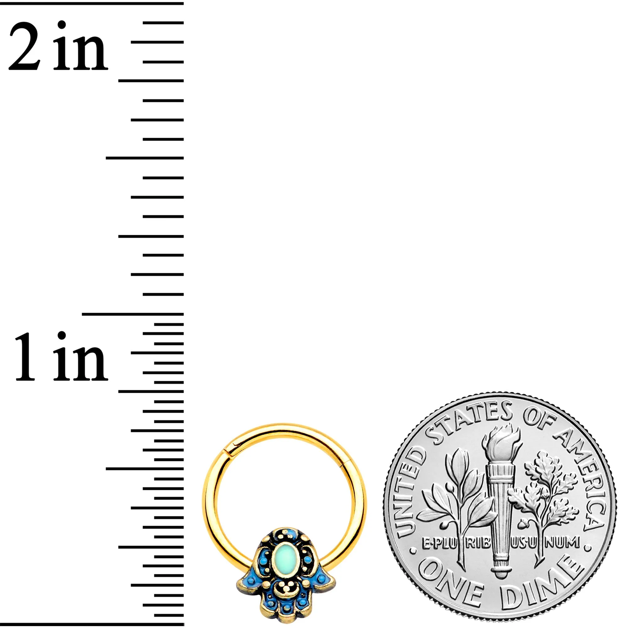16 Gauge 3/8 Gold Tone Aqua Ornate Hamsa Hand Septum Ring
