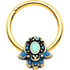 16 Gauge 3/8 Gold Tone Aqua Ornate Hamsa Hand Septum Ring